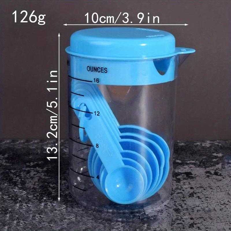 

1 set, measuring spoon, measuring cup set, plastic with scale 500ml baking tool, 7PC combination kitchen measuring flour spoon синий