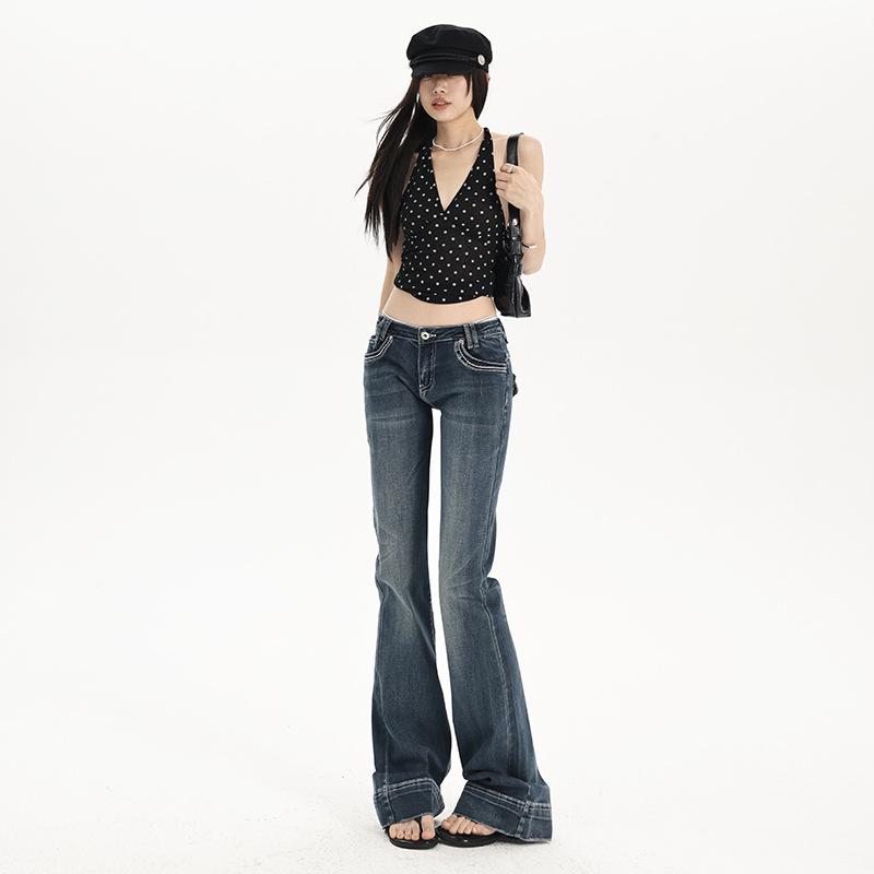 Women's Low-Waist Ripped Micro-Flare Jeans - Slimming Fit, Floor-Length, Autumn Style