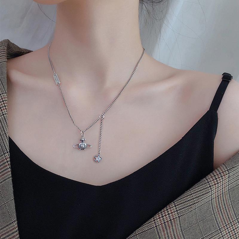 S925 Silver Saturn Star Retro Necklace - Trendy Female Clavicle Chain with Niche Design