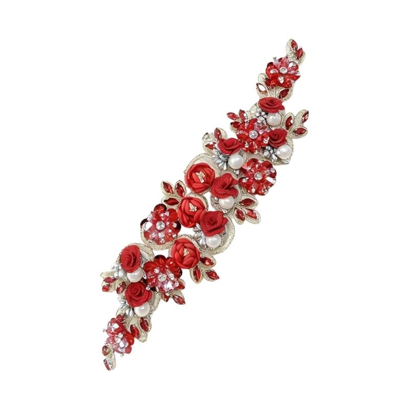 Пришивание вышитых аппликаций, патчей, украшенных стразами и цветами, для свадебных платьев, курток, одежды красный