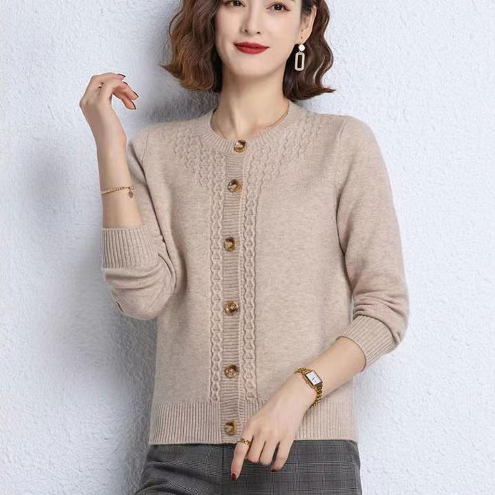 Stilig cardigan for kvinner høstklær elegant genserjakke løs rund hals strikket cardigan