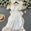 French Style Gentle Chic Square Collar Puff Sleeve Hollow Embroidery Dress Women Summer Waist Hugging Slimming A Word First Love Skirt