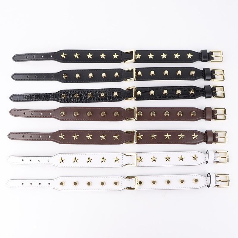 Premium Leather Dog Collar Adjustable Double-Sided Full-Grain Cowhide With Star Rivet Decor Small To Medium Dogs