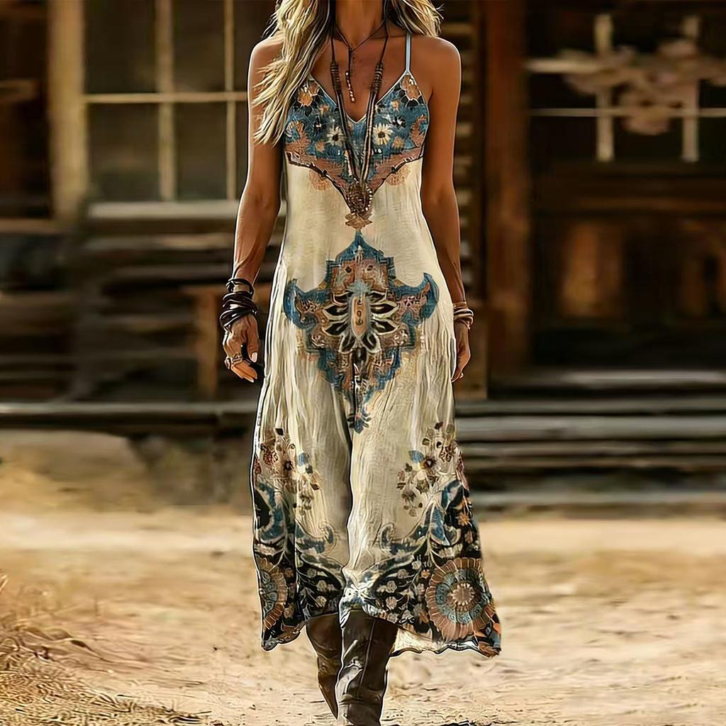 Women's Vintage Bohemian Printed V-Neck Sling Dress