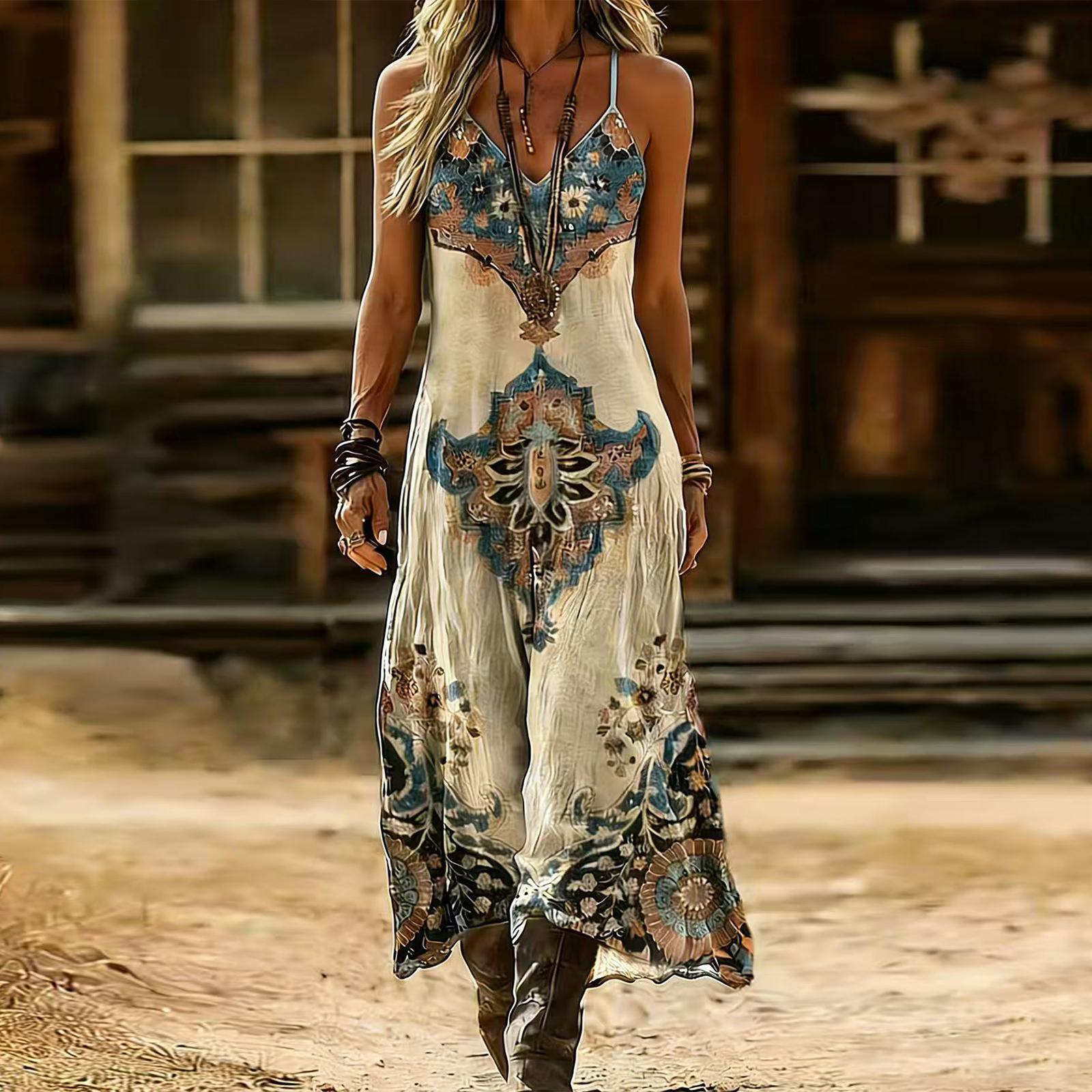 

Женское винтажное богемное платье-слинг с V-образным вырезом и принтом L бежевый