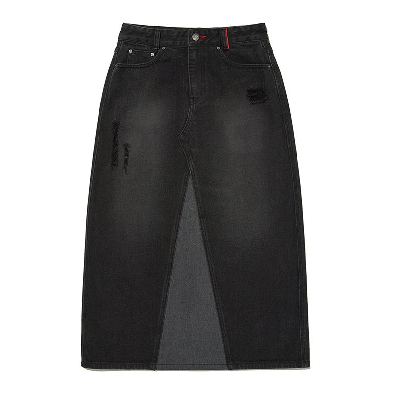 KIRSH Damaged Wash Long Denim Skirt [Black]