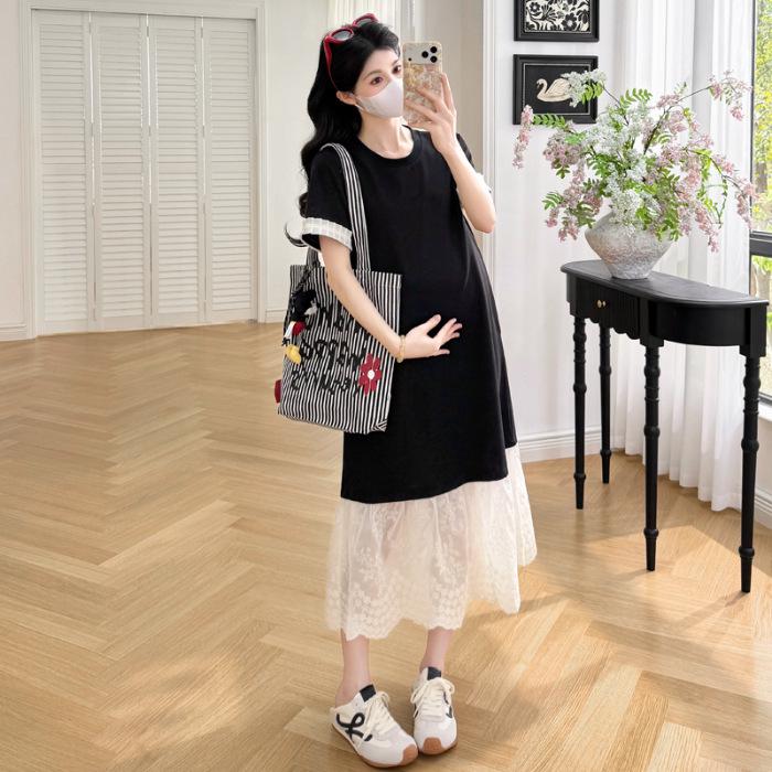 

Summer 2026 Korean Style Maternity Dress: Fashionable, Loose, Patchwork, Fake Two-Piece, Belly-Covering Skirt XXL чорний