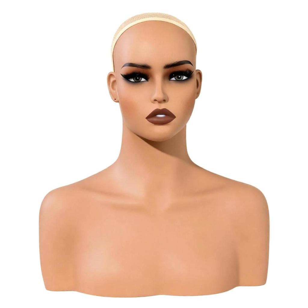 Realistic Mannequin Head with Shoulders Bald for Salons, Hair Stylists, Jewelers