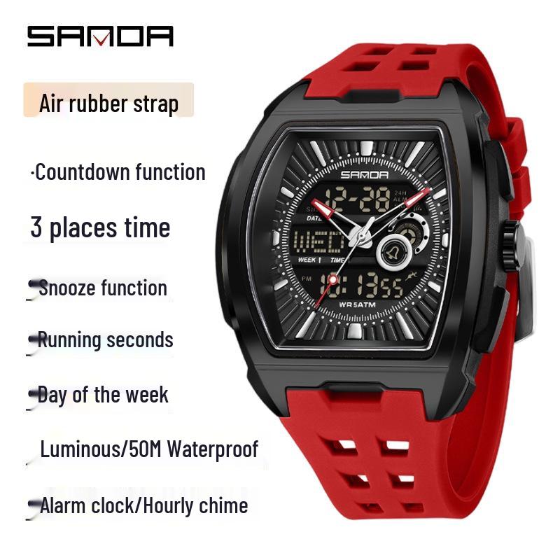 Sanda Men's Sports Barrel-Shaped Luminous Countdown Watch with Triple Time Zone and Dual Display, Waterproof Design.