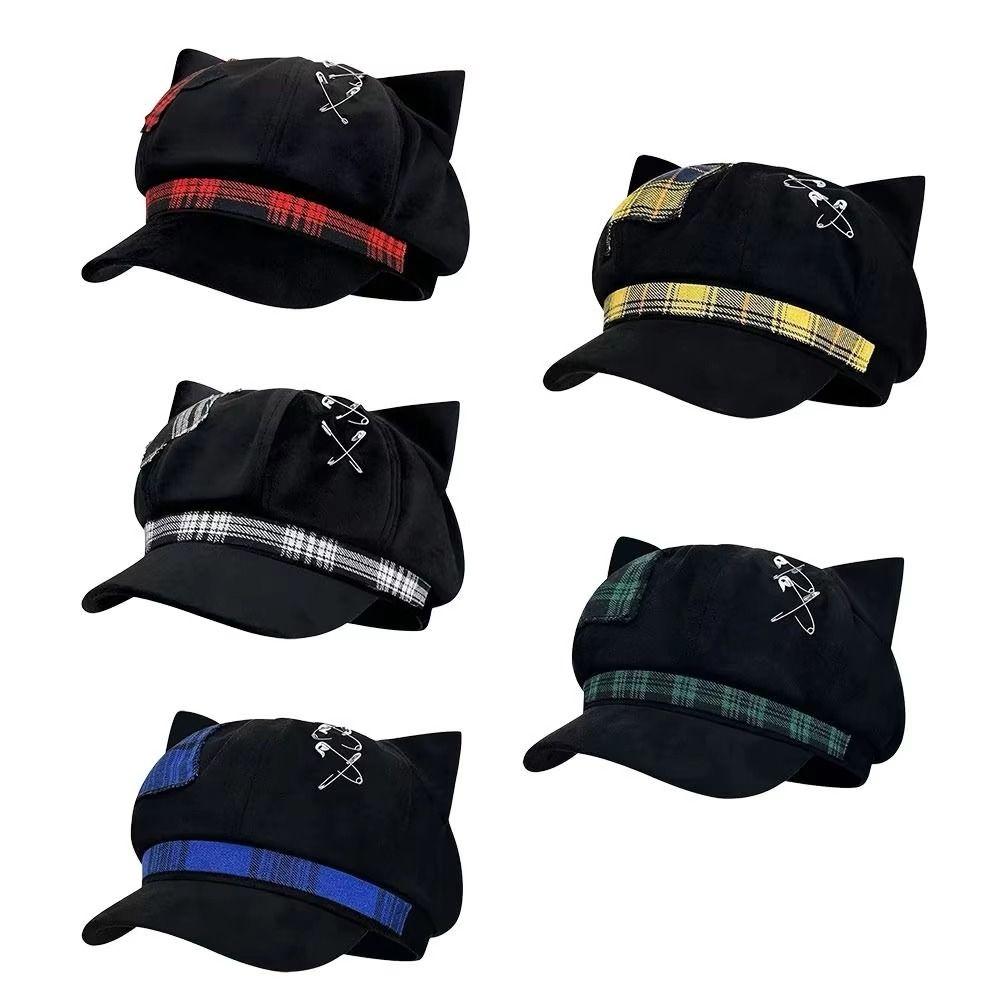 Y2K Plaid Octagonal Hat Irregular Painter Artist Cap Fashion Cat Ears Beret Hat Travel