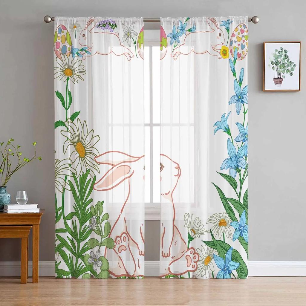 Wielkanocne Jajko Króliczek Kwiaty Tiulowe Zasłony Do Salonu Przezroczysta Zasłona Do Sypialni Kuchni Żaluzje Woalowe Zasłony