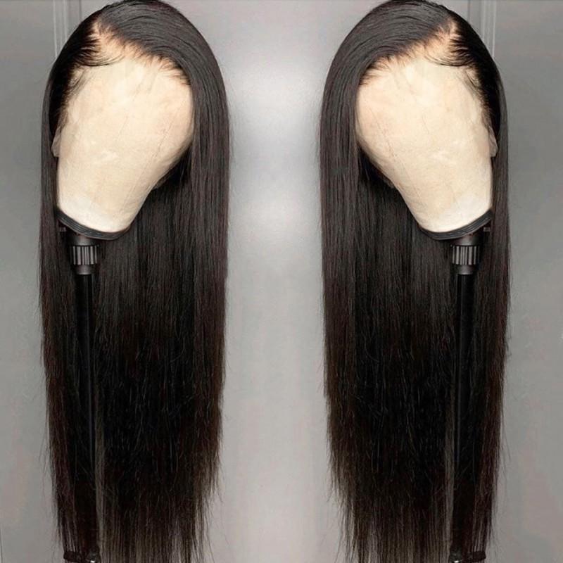 European American Hand-knitted Front Lace Wig Headgear Black Long Straight Hair Chemical Fiber T-shaped