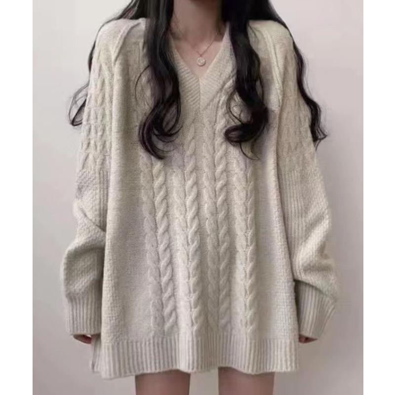 Autumn and winter V-neck mid-length twist ladies pullover sweater skirt, retro large size temperament dark gray ladies all-match sweater 6804#