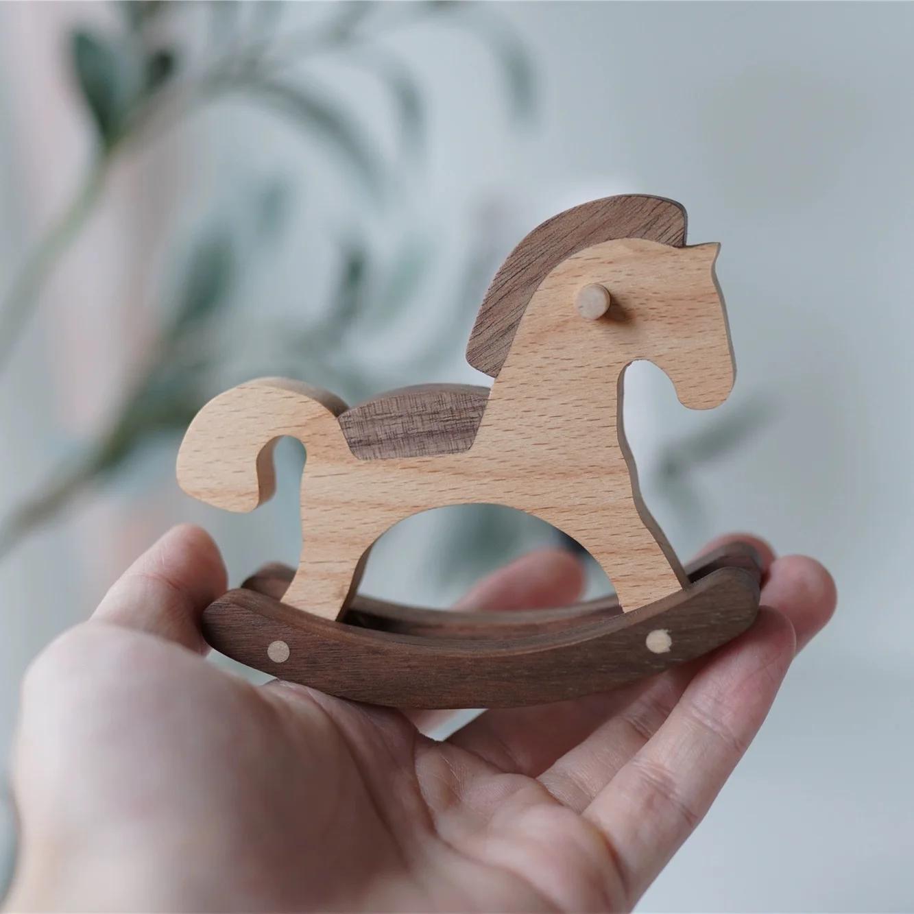 

Solid Wood Black Walnut Small Wooden Horse Desktop Ornament Toy Cute Childhood Happiness Can Shake Holiday Gift