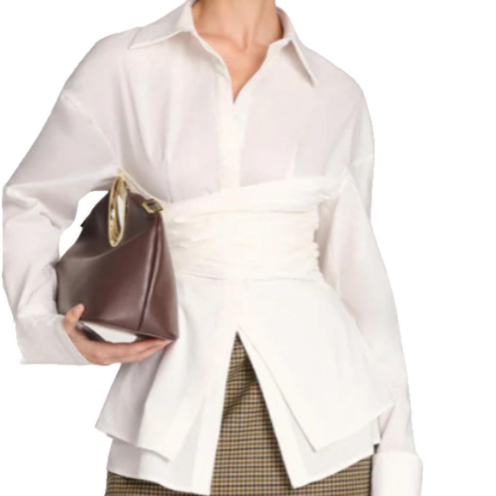 2025 European & Korean Elegant Pleated Waist-Cinched Long Sleeve Shirt