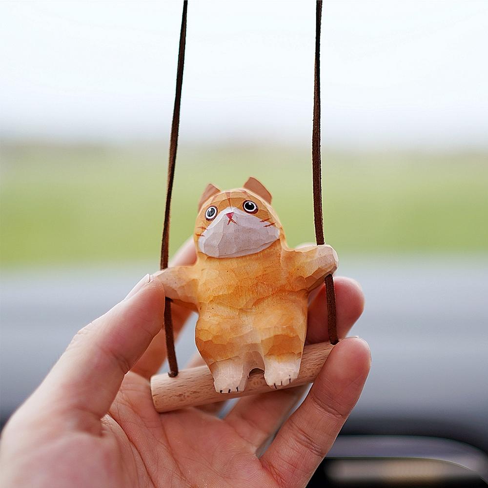 Деревянная резьба котенок Качающаяся машинка Украшение Подвеска Креативный Милый Милый Аниме Автомобильный аксессуар Качающийся котенок Подвеска кошка креативный оранжевый