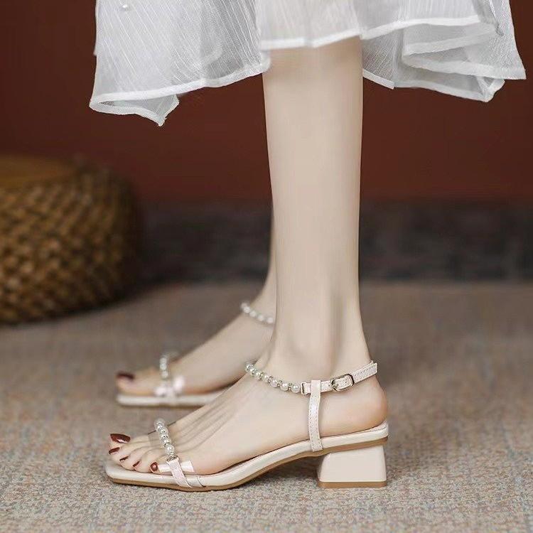 Coarse heel pearl square head sandals female summer 2025 new wear thick heel fairy style high heel open toe cool slippers