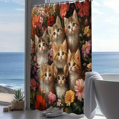 1pc Shower Curtain - Adorable Kittens and Vibrant Flowers Design for a Cozy Bathroom Waterproof