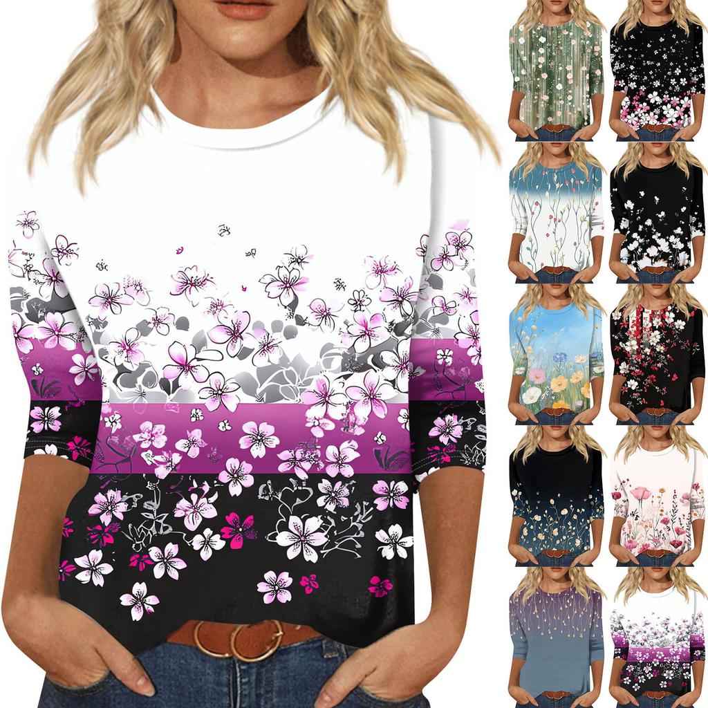Women's Fashion Casual Seven Sleeve Printed Round Neck T-Shirt Top