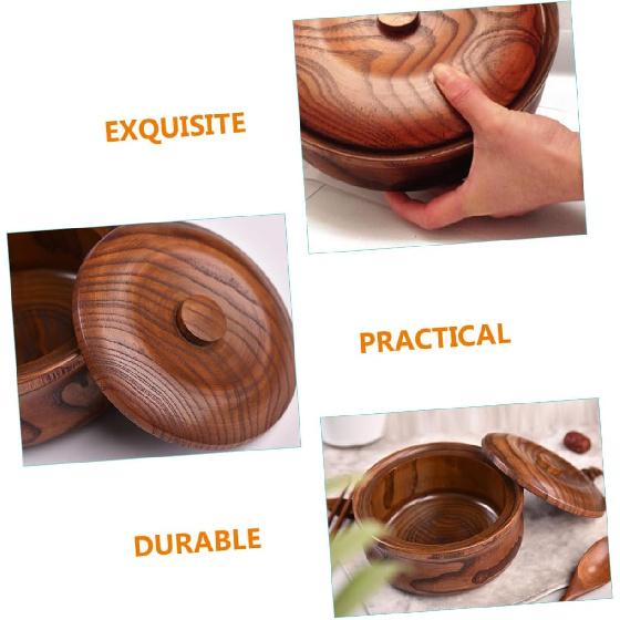 Decorative Wooden Bowl with Lid Premium Solid Wood Serving Bowl for Salad Rice Noodles and Soup and Easy To Clean Home and Restaurant Use