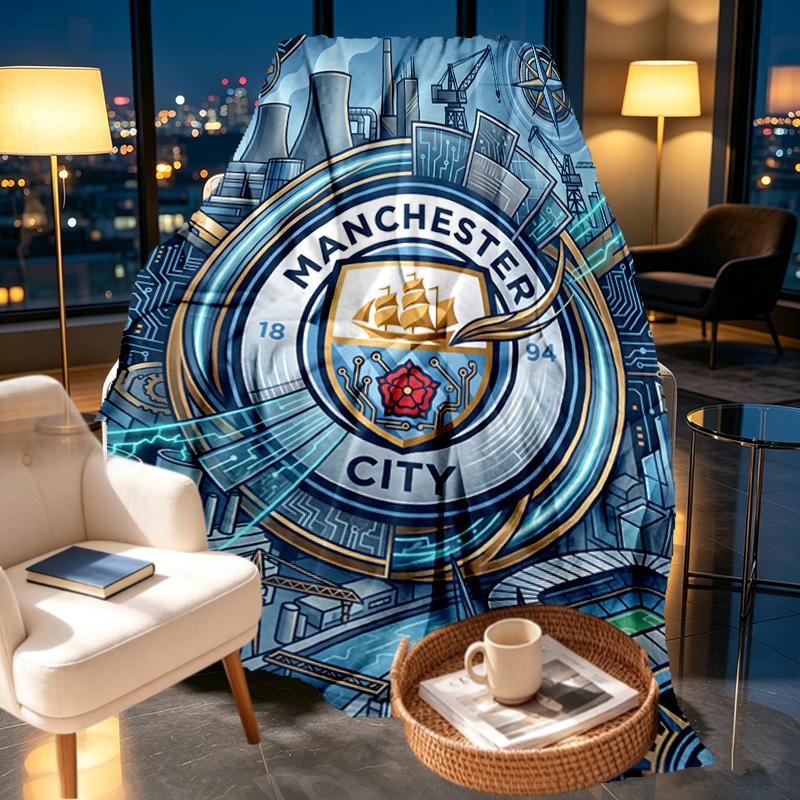Koc z nadrukiem Manchester City FC - Miękki i wygodny, do sypialni, na podróż, na sofę, dekoracja domu - Prezent urodzinowy, świąteczny dla przyjaciela