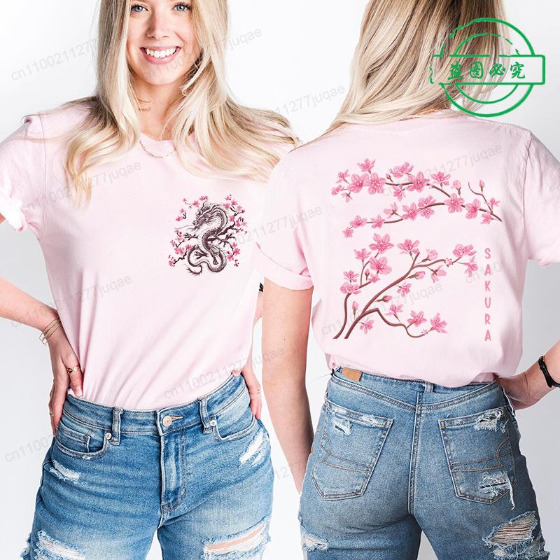 

New Fashion Brand Women s T-shirt Clothes Sakura Cherry Blossom Printed T-shirt Summer Harajuku Women s Pink T-shirt Clothing 4XL