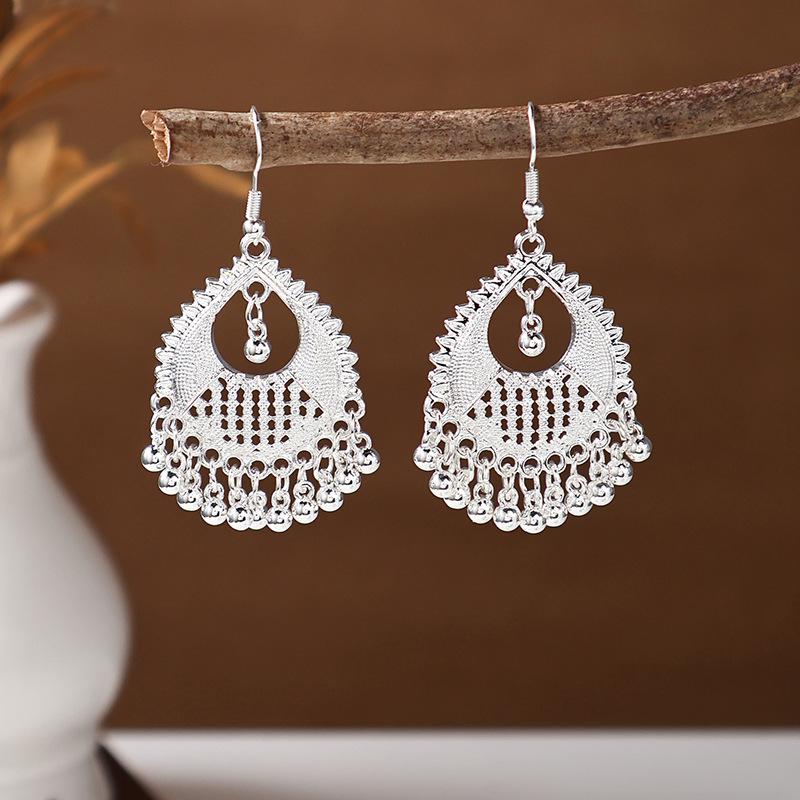 Ethnic Miao Silver Tassel Earrings - Retro Long Dangle Scenic Studs for Women