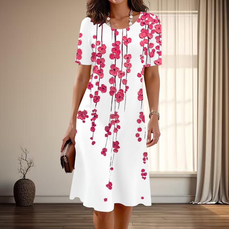 Women's Fashion Graceful Beautiful Flower Print Summer Spring Short Sleeve O-Neck Casual Dresses
