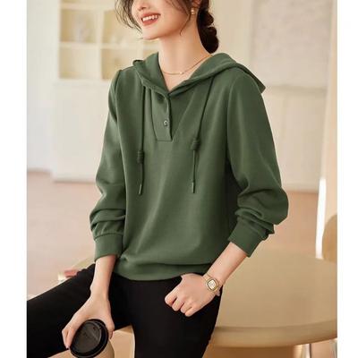 Thick Solid Color Versatile Hooded Sweatshirt for Women Spring and Autumn Loose Drawstring Niche Warm Pullover Top