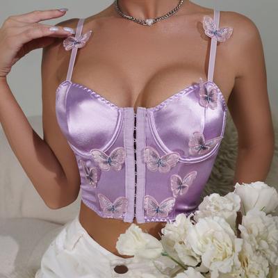 Women Summer Satin Butterfly Camis Purple Button Solid Color Crop Top Female Sexy Sleeveless with Straps Corset Y2k Tank Tops