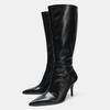 2026 Winter New Black Soft Leather Knee Boots Women Sexy Pointed Toe Side Zip Stiletto Long Boots Fashion Sewing Designer Boots