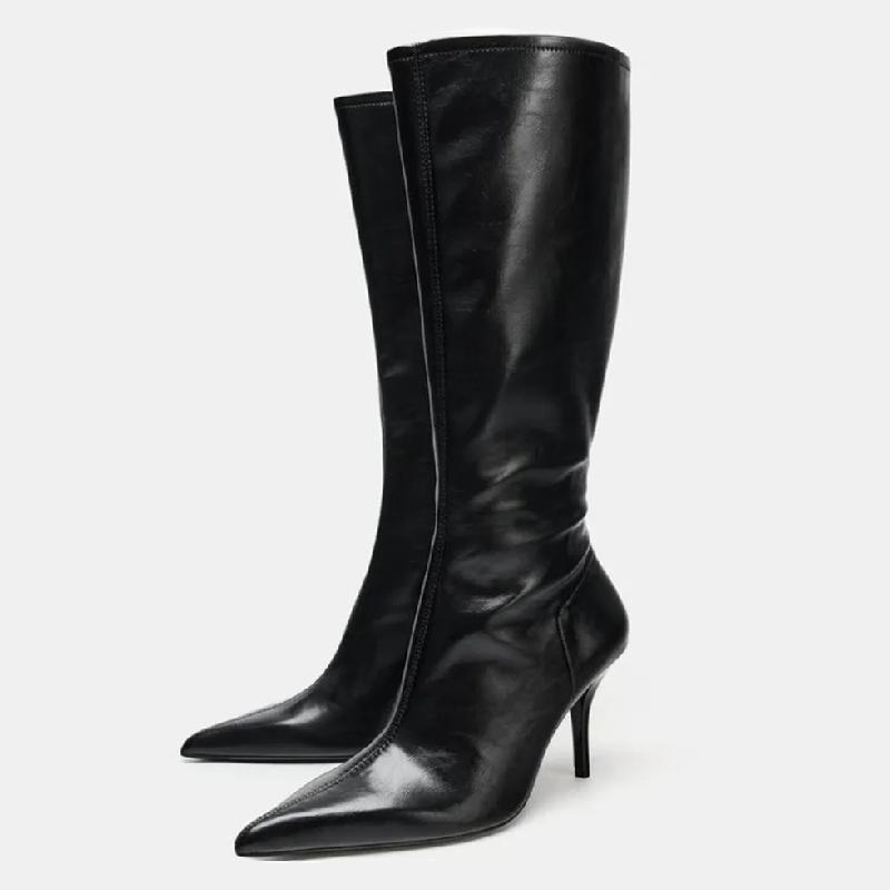 

2026 Winter New Black Soft Leather Knee Boots Women Sexy Pointed Toe Side Zip Stiletto Long Boots Fashion Sewing Designer Boots 41 чорний