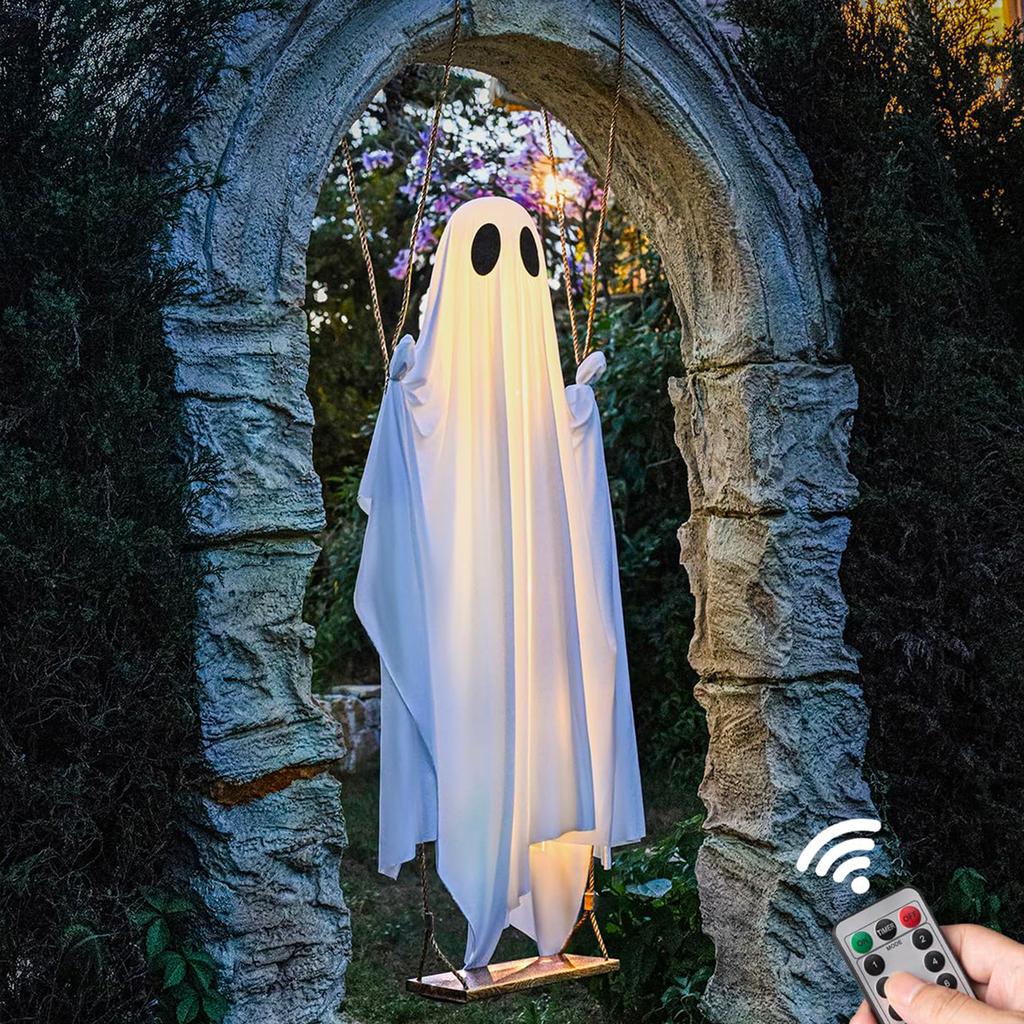 Halloween Decorations -5 FT Large Hanging Swing Ghost with String Lights Spooky for Front Porch Yard Trees Outdoor Hanging Ghost