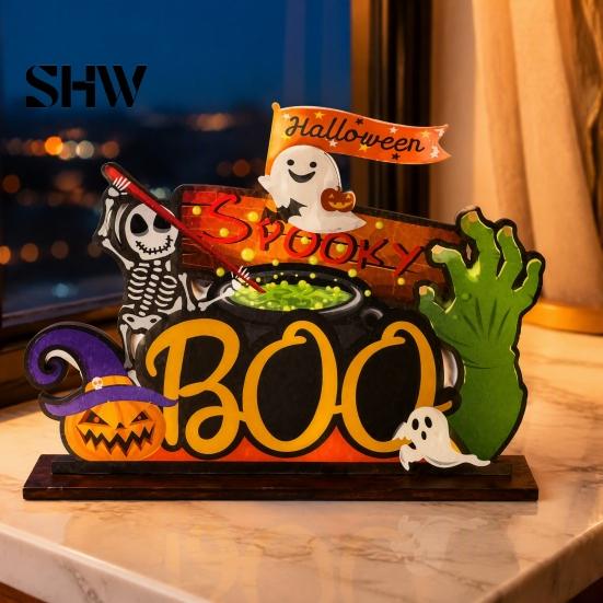 Rustic Halloween Home Accents Tabletop Decor Signs, Pumpkin Ghost Gnome Wood Centerpiece Blocks, Spooky Indoor Autumn Seasonal Party Tiered Tray Table