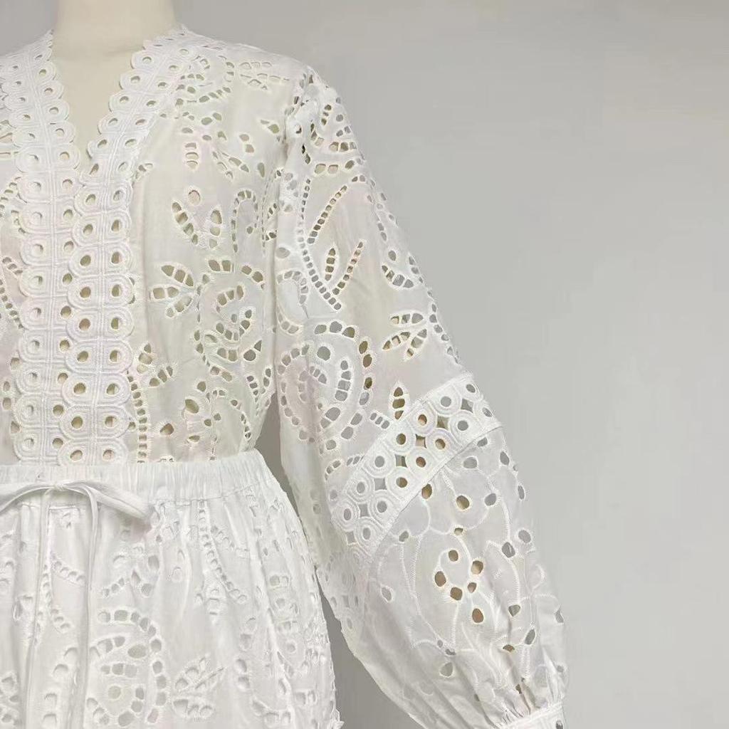 2023 Fall V-Neck Lantern Sleeve Top & Elastic Waist Hollow Skirt Set for Women