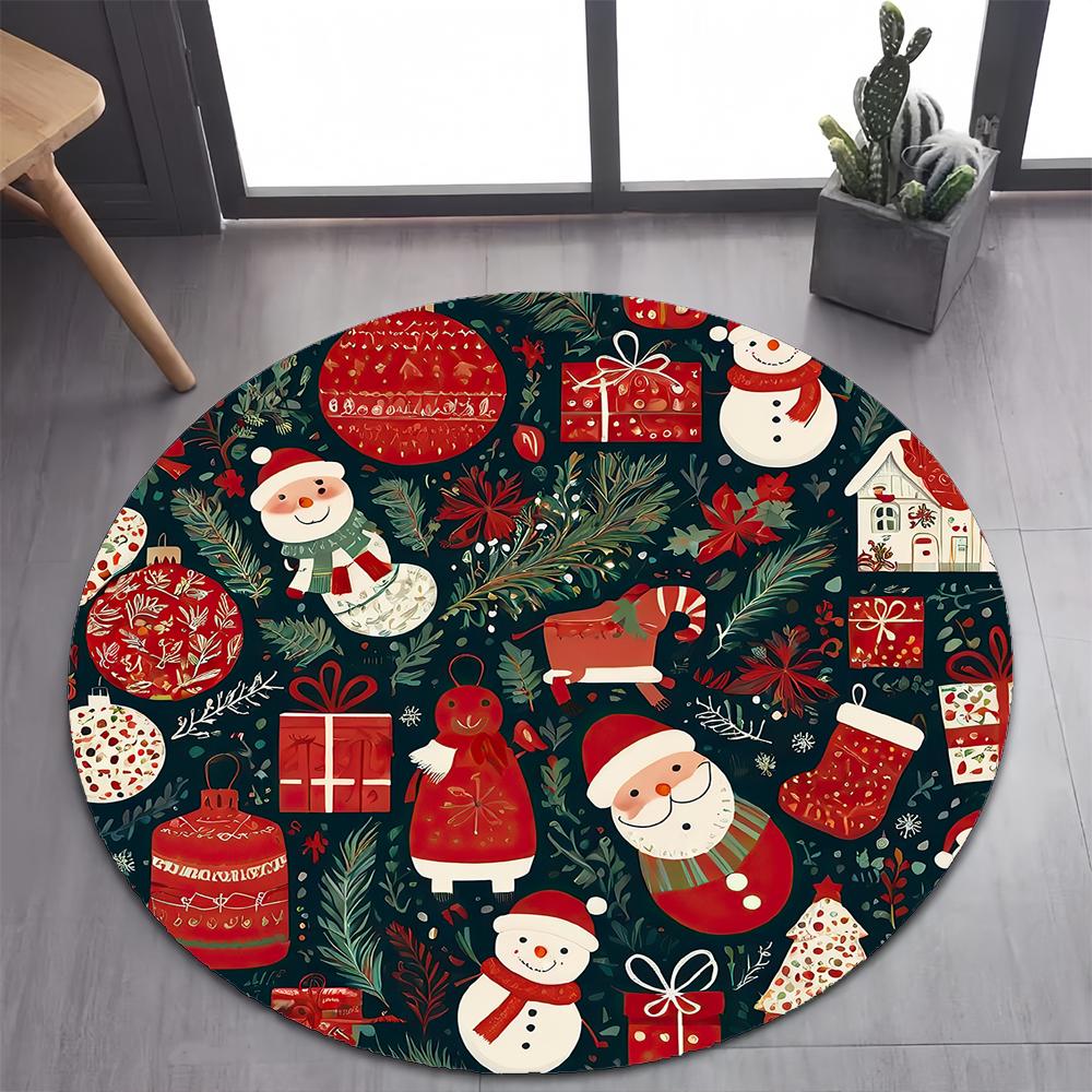 Cute Santa Claus Merry Christmas Tree Cartoon Festival Gift Round Carpet Rug for Bedroom Living Room Decoration,Decor Floor Mat