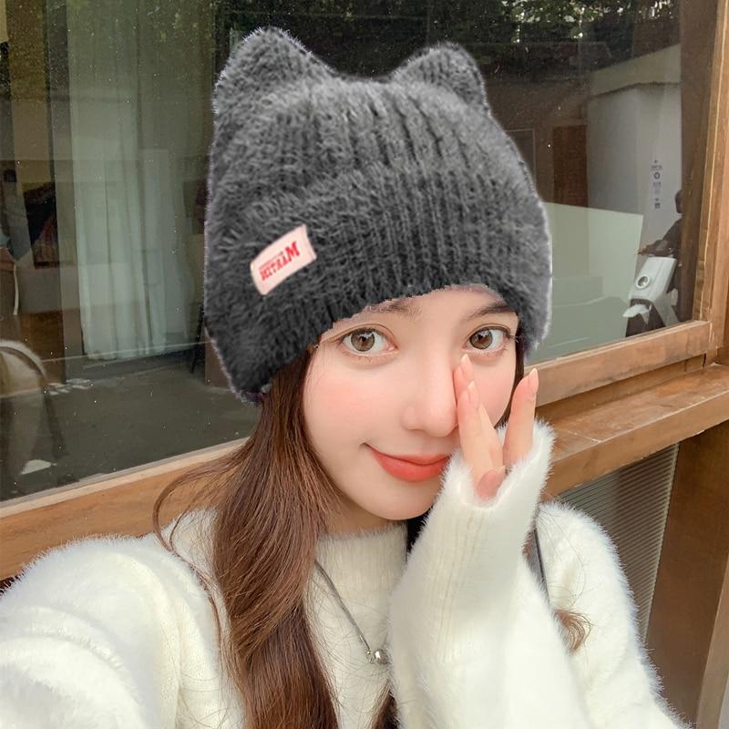 Noi femei drăguțe urechi de pisică Pălărie de iarnă Pălărie tricotată de modă cu blană artificială Stil Kpop Pălării moale Beanie Bomboane Femei Streetwear Cap