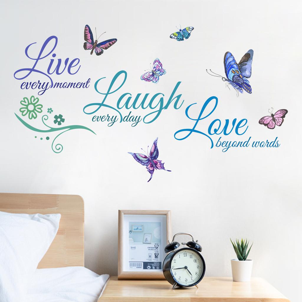 Vibrant Live Laugh Love Quote with Butterflies Wall Sticker for Bedroom Home Decor Removable Self-Adhesive Decal