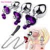 Crystal Heart Buttplug Stainless Steel Leash Chain Anal Plug Bells Pendant Prostate Massager SM Erotic Sex Toys For Women Men