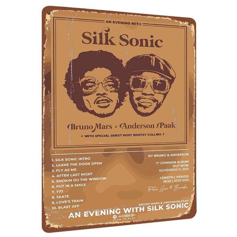 

Silk Sonic Bruno Mars Anderson Paak Retro Music Poster Custom Metal Tin Sign Wall Art Decor for Home Bar 30x40cm(11.8x15.7inch)