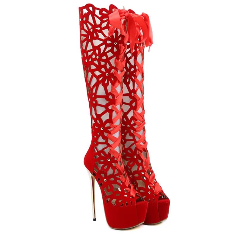 Fashion 16CM Thin High Heels Sexy Nightclub Hollow Out Over The Knee Boots Women Peep Toe Lace-Up Zip Platform Shoes Sandals