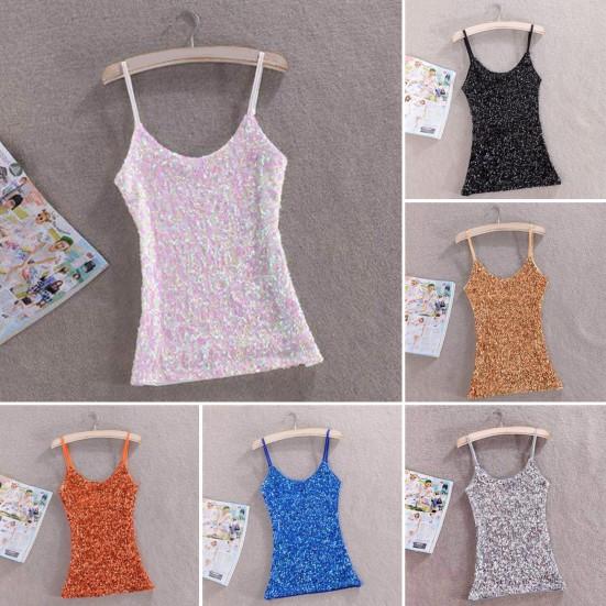 

Женский летний жилет, топ с блестящими пайетками, без рукавов, регулируемый ремень-спагетти, с круглым вырезом, приталенный, мягкий пуловер, эластичный, сверкающий, сценическое шоу