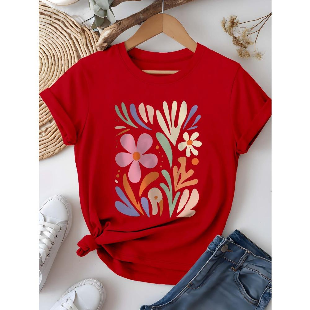 Artistic Floral Patch Graphic Chic Printed  Fresh Trendy Sleeve Round Neck Fashion Casual Tshirt Women Aesthetic Clothes