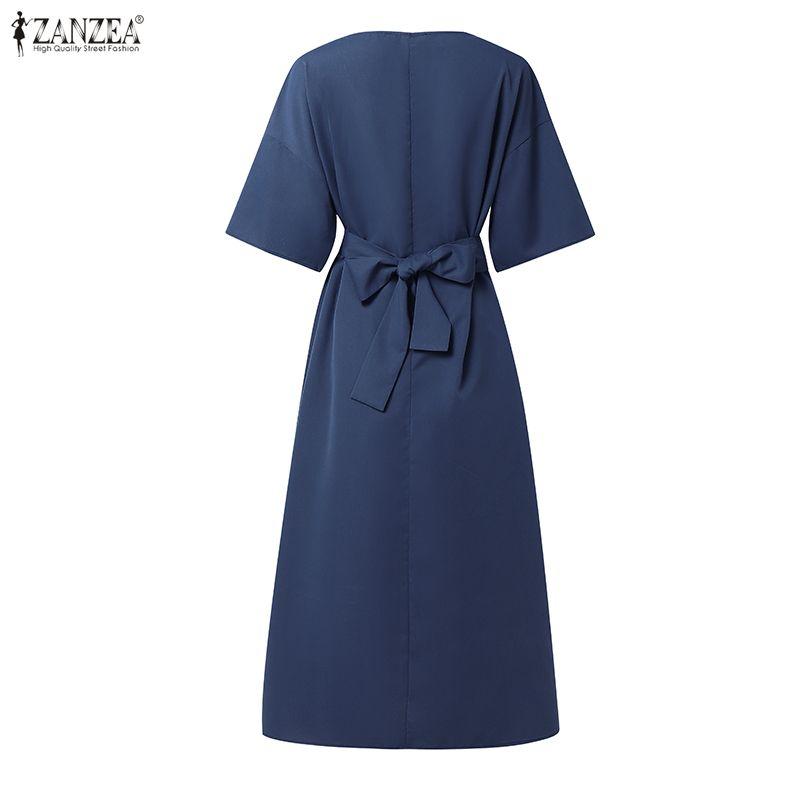 ZANZEA Women Solid Color Casual Round Neck Loose Half Sleeve Dress