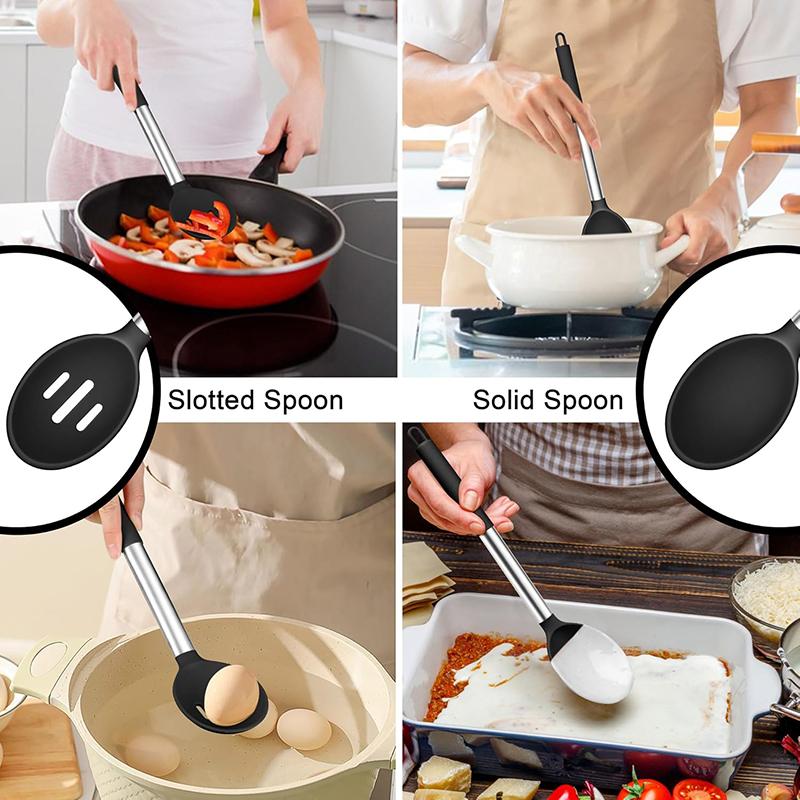 1/2 Pcs Silicone Cooking Spoons Kit with Stainless Steel Handle Salad Mixing Spoon Set Nonstick Cooking Tools Kitchen Utensils