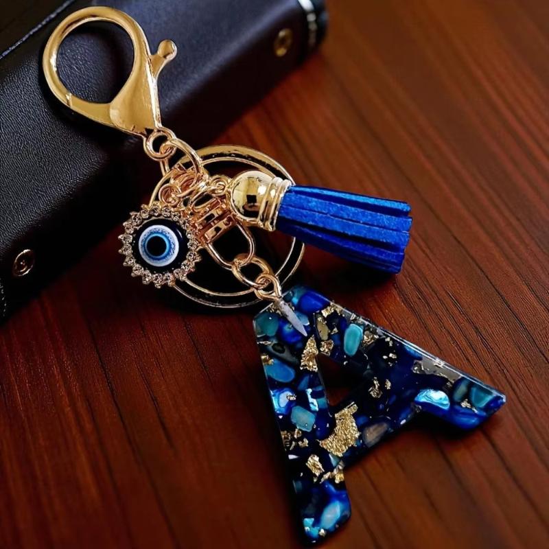 1 Stück Buchstaben-Charms-Anhänger mit Strasssteinen und Quaste Blaue Harz Initialen Schlüsselanhänger Stilvolles Geschenk für Frauen