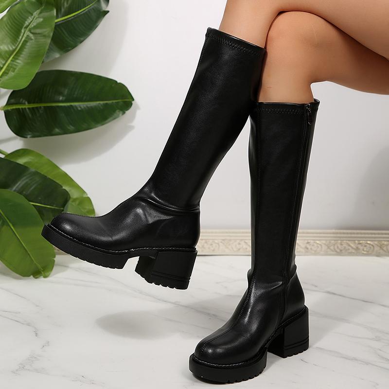 Módní dámské kozačky po koleno Módní nadměrné velikosti 35-42 Silné podpatky Rytířské boty Dámské 2025 Boční zip Pu kůže Dlouhé Botas Mujer