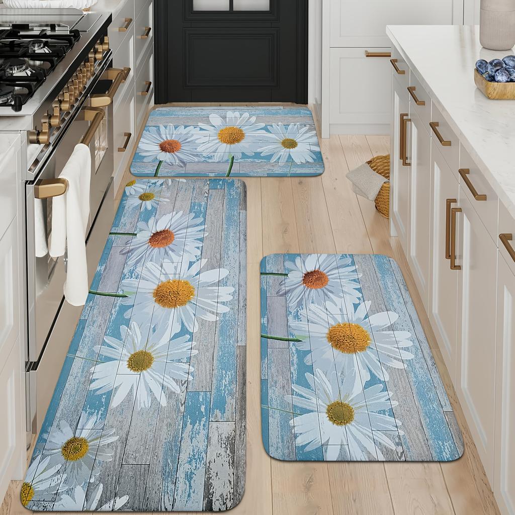1Pcs Anti Fatigue Kitchen Rugs,  Small Daisy Print Waterproof Non-Slip Thick Cushioned Kitchen Mat Heavy Duty Comfort Standing Mat for Kitchen