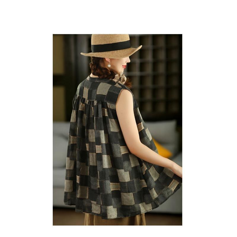 

Women s Geometric Print Sleeveless Stand Collar Blouse Loose Fit Casual Top M чёрный