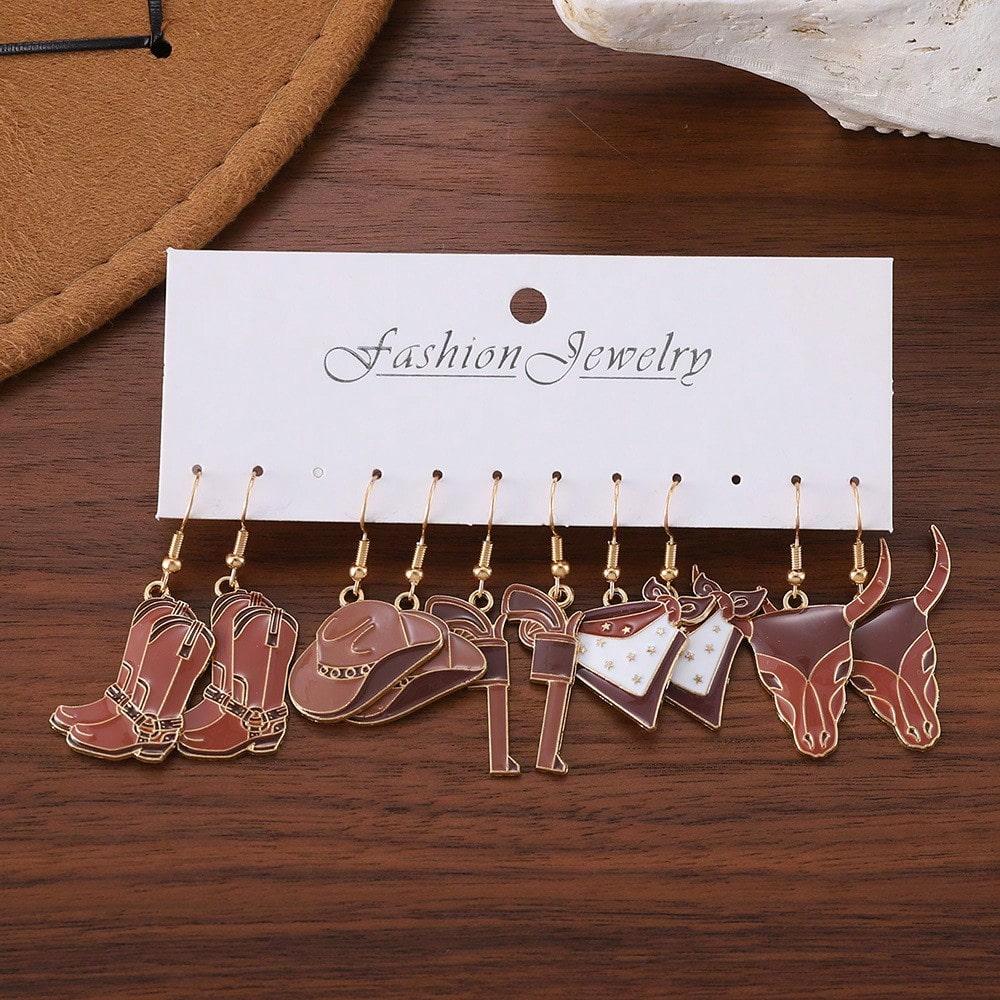 5pair / Set Western Charms Pendants Earrings Cowboy Cowgirls Series Boots, Hats, Pistols, Bull Heads, Scarves, Earrings Jewelry Gift